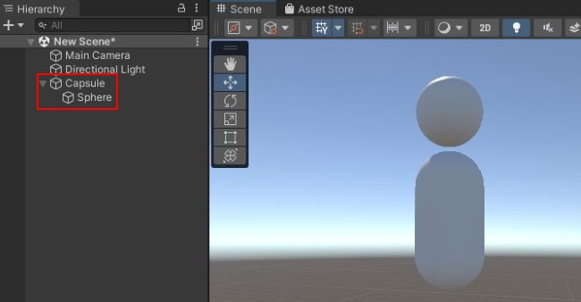 Unityの画面の上にSphere、下にCapsuleがある